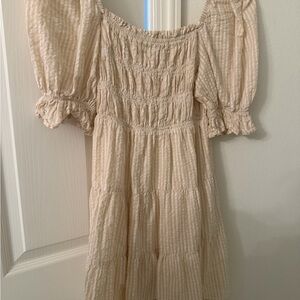 Cream Gingham Off-Shoulder Dress